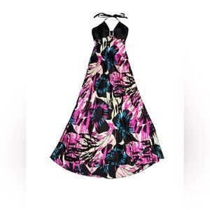 women’s CACHE colorful floral v neck halter fit & flare SILK maxi gown size 6